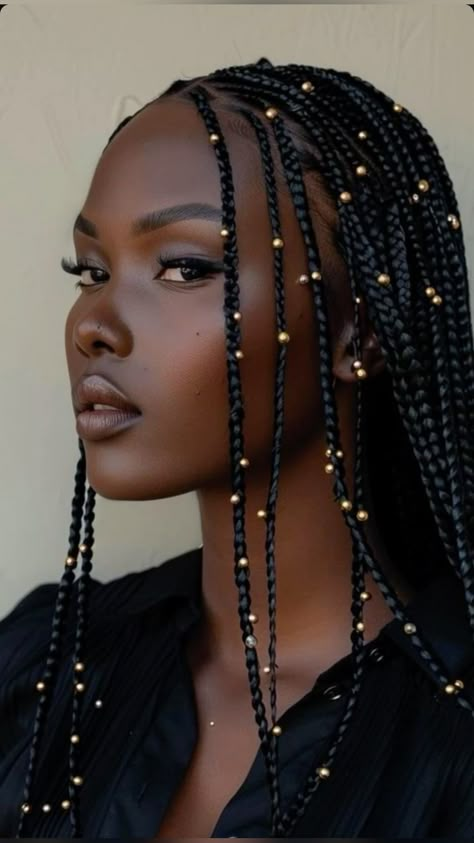 Box braids with beads Box Braid Decoration, Cornrows With Jewellery, Box Braid Bob With Beads, Space Buns Braids Black Women, 90s Style Braids, Cornrows On Sisterlocks, Braids 2025 For Black Women, Trendy Braided Hairstyles Black, Sleek Box Braids