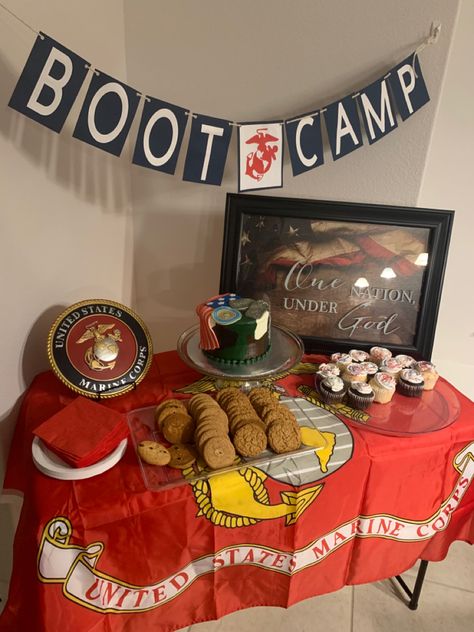 Navy Send Off Party Ideas Boot Camp, Marine Decorations Party, Marine Graduation Party, Marine Party Decorations, Marine Party Ideas, Marine Party, Us Navy Party, Usmc Graduation, Marine Graduation