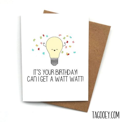 Birthday Card Funny WATT PUN, Watt Watt Birthday Card, Birthday Card for Her, Bday Card, Cute Kawaii Card, Birthday Gift, Light Bulb Pun - Etsy Fun Birthday Cards, Birthday Card Puns, Birthday Puns, Handmade Greeting Card Designs, Happy Birthday Cards Diy, Punny Cards, Craft Envelope, Cool Birthday Cards, Birthday Card Funny