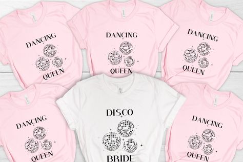 Disco Bride Shirt, Dancing Queen Shirt, Matching Shirts, Bachelorette Party Shirts, Disco Bachelorette Shirt, Disco Ball, Disco Party https://etsy.me/3YPbMPB #lastdisco #discobride #discobachelorette #brideshirt #discoball #dancingqueenshirt #matchingshirts #bachparty Matching Bachelorette Shirts, Bachelorette Matching Shirts, Disco Bride, Bride Design, Disco Bachelorette, Queen Design, Themed Bachelorette Party, Wedding August, Bachelorette Shirt