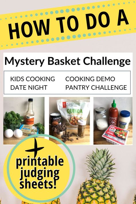 Step-by-step instructions on how to do a fun, family friendly Chopped Challenge at home. Use these easy ingredient ideas or create your own basket ideas out of pantry staples and foods you want to use up soon. #choppedchallenge #choppedbasketideas #choppedingredientideas #howtodoachoppedchallenge #frugalminimalistkitchen #pantrystaples Chopped Jr Basket Ideas, Chopped At Home, Chopped Challenge, Food Competition, Pantry Challenge, Cooking Contest, Cooking Competition, Cooking Challenge, Diy Cooking