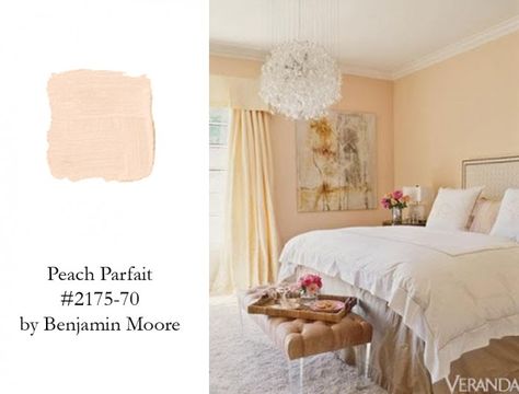 Jennifer Lopez's Bedroom is Serene and Glamorous thanks to PEACH PARFAIT by Benjamin Moore- VERANDA Peach Ideas, Peach Bedroom, Peach Bedding, Best Bedroom Paint Colors, Peach Bathroom, Peach Parfait, Color Durazno, Peach Paint, Color Of The Week