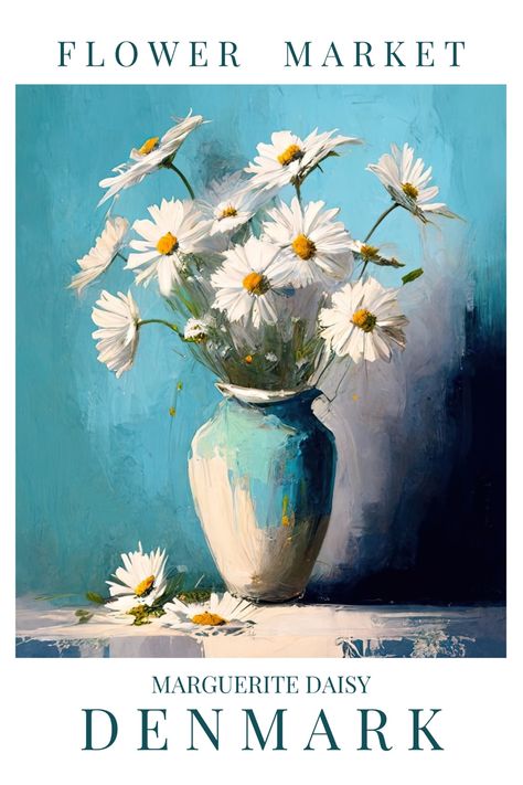 Bring a touch of Denmark's natural beauty into your home with this colorful National Flower poster. The expressive Marguerite Daisy floral design of this Flower Market Print is sure to add a unique and elegant touch to any room. And with the convenience of a digital download, it's easy to enjoy right away. Marguerite Flower, Margarita Flower, Poster Flower Market, Marguerite Daisy, Poster Flower, Flower Market Print, National Flower, Flower Market Poster, Flower Poster