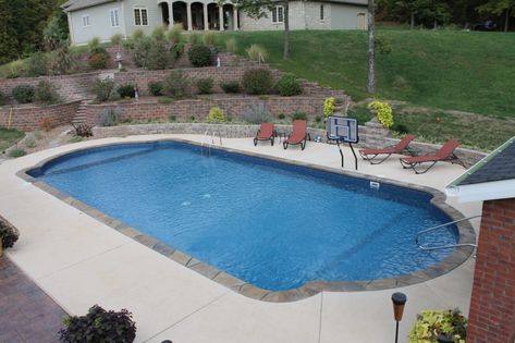 Double Roman Vinyl Inground Sport Pool with Roman Step, Roman Bench, Faux Stone Coping, and Broomswept Patio Pool And Pool House Ideas, Custom Inground Pools, Pool And Pool House, Pool Plans, Roman Pool, Pools Design, Inground Pool Designs, Pool House Ideas, Backyard Getaway