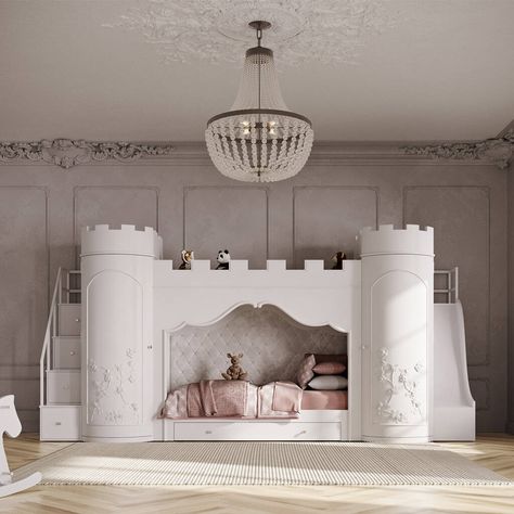 Castle Bunk Bed, Muebles Shabby Chic, Castle Bed, Loft Bed Plans, Castle Bedroom, Magical Castle, Single Size Bed, Magical Adventure, Nursery Room Design