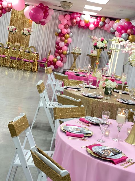 Pink And Gold Party Table Decor, Light Pink Dark Pink Gold Party, Pink Silver And Gold Birthday Decorations, Hot Pink White And Gold Party Decoration, Light Pink And Gold Birthday Party, Pink Gold Sweet 16, Pink And Gold 40th Birthday Party, Pink Gold And White Party Decoration Table Settings, Pink Gold And White Sweet 16