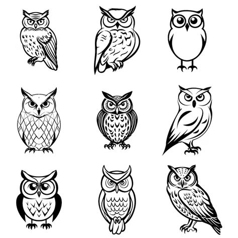 Premium Vector | A collection of owls black and white outlines Owl Illustration Simple, Owl Design Drawing, Black And White Outline Drawings, Owl Outline Tattoo, Simple Owl Drawing, Owl Line Drawing, Flying Owl Tattoo, Tiny Owl Tattoo, Owl Line Art