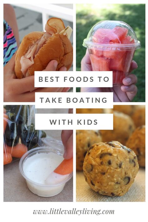 List of the best food to take when boating with kids | Boating with Kids | Boating Tips | Boating Hacks | #boatinghacks #boatingideas #boatingfood #boatingsnacks Lake Hacks For Kids, River Day Food Ideas, Lunch Ideas For Boat Trip, Snacks For Fishing Trip, Foods To Take On A Boat, Boat Food Snacks, Snacks For The Boat Easy, Lunches For Boating, Breakfast On Boat