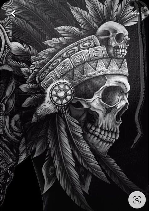 Indian Head Skull Tattoo, Realistic Native American Tattoo, Nayarit Mexico Tattoo, Native American Art Tattoo Design, Hot Shoulder Tattoos, Aztec Skull Drawing, Aztec Skull Tattoo Design, Skull Feather Tattoo, Indian Skull Tattoos Warriors