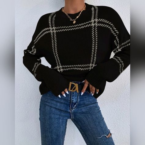 Chic Plaid Pullover Knit Sweater Top * Long Sleeve * Round Neck * Dropped Shoulder * Ribbed Knit Trim * Soft Stretch Pullover *Approximate Unstretched Measurements* Xs* Bust * 40" * Sleeve Length 19.75" * Length 21.5" Small * Bust * 41.5" * Sleeve Length 20" * Length 22" Medium * Bust * 43" * Sleeve Length 20.25" * Length 22.25" Large * Bust * 45.5" * Sleeve Length 20.5" * Length 23" Xl * Bust * 48" * Sleeve Length 20.75" * Length 23.5" * On Order. Will Ship In 7- 14 Days * Color: Black Fabric S Loose Pullover Sweater, Plaid Pullover, Pullover Outfit, Plaid Sweater, Neue Outfits, Loose Pullover, Drop Shoulder Sweaters, Denim Jumpsuit, Knitted Pullover Sweaters