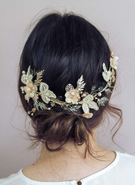 Bridal floral victorian headpiece - Victorian gold and grey climbing hair comb - Style #902 | Twigs & Honey ®, LLC Art Nouveau Hair Accessories, Branch Headpiece, Handmade Bridal Hair Accessories, Pearl Wedding Accessories, Floral Headpiece Wedding, Crystal Bridal Headpiece, Crystal Hair Pins, Victorian Gold, Hair Adornments