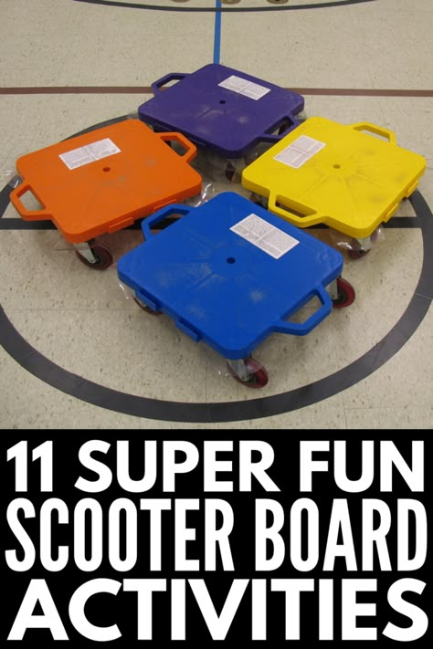 Scooter Board Activities, Preschool Gym, Gym Games For Kids, Elementary Physical Education, Elementary Pe, Occupational Therapy Kids, Physical Education Lessons, Pe Activities, Minimal Flower