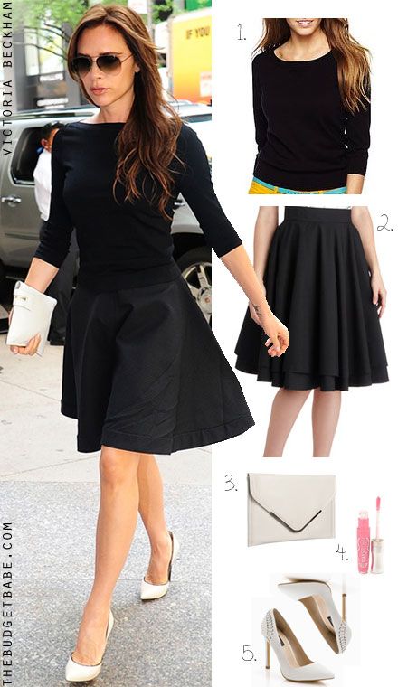 victoria beckham dresses | Victoria Beckham embraces spring's black and white trend in ladylike ... White Heels Black Dress, Black Flared Skirt Outfit, Black Dress White Heels, Flared Skirt Outfit, White Heels Outfit, Victoria Beckham Style, Classy Lady, White Accessories, White Outfit