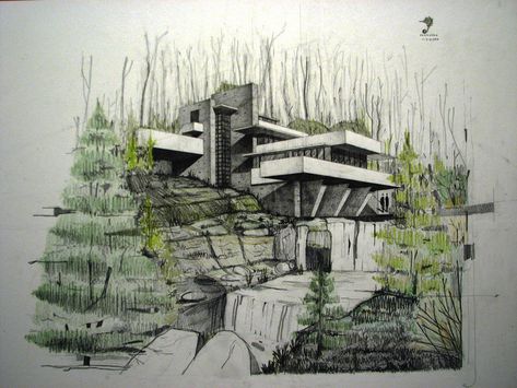 Fallingwater House, Dream House Drawing, Falling Water Frank Lloyd Wright, Hobbit Houses, Falling Water House, Waterfall House, Frank Lloyd Wright Architecture, Falling Waters, Farnsworth House