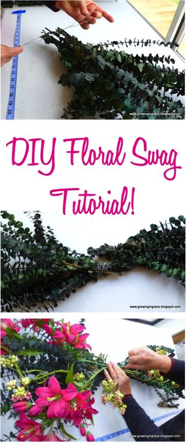 DIY Floral Swag Tutorial! {step by step instructions to make your own beautiful swags and flower arrangements!} | TheFrugalGirls.com How To Make A Floral Arch Swag, Diy Swag For Wedding Arch, Diy Floral Swag For Arch How To, How To Make Flower Arrangements For Arch, Diy Floral Arrangements Wedding Arch, Diy Arch Arrangement, Diy Arch Floral Arrangement, Eucalyptus Swag Diy, How To Make Arch Flower Arrangement