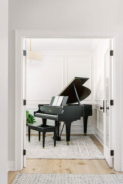 Piano Room and wainscoting Light Filled Home, Grand Piano Interior Design, Piano In Study Room, Grand Piano Music Room, Baby Grand Piano In Living Room, Baby Grand Piano Room, Piano Interior Design, Piano Room Design, Grand Piano Living Room