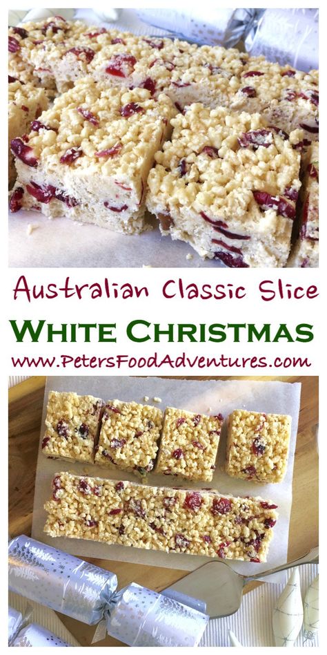 An Australian Christmas favourite, easy to make, loved by kids and grown ups. Perfect for the holidays! Made with Crisco/Copha or virgin coconut oil, dried cranberries, Rice Krispies and white chocolate - White Christmas Slice Recipe Christmas Sweets Easy, Christmas Slice, Aussie Recipes, Christmas Sweets Recipes, Australian Recipes, Australian Desserts, Slice Recipes, Psalms 23, Rice Bubbles