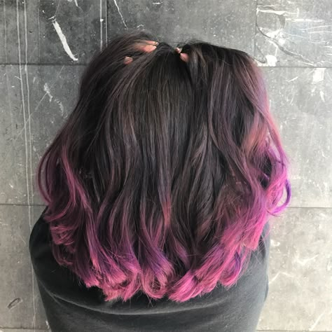 Purple And Blue Ends Of Hair, Purple Hair Ends Dips, Short Brown Hair With Purple Tips, Tips Of Hair Dyed Purple, Hair Dyed At The Ends, Purple Dip Dye Hair Brunette, Brown Hair Purple Ends, Shoulder Length Hair Dye Ideas, Hair Color Ends Dip Dyed