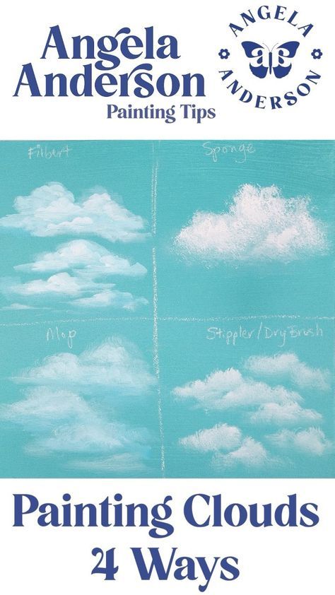 thankfulart on Instagram: 4 easy ways to paint clouds for your acrylic painting projects! ☁️☁️☁️ You can use sponges, filbert brushes, mop brushes, or… Painting Clouds Tutorial, Paint Clouds Acrylic, Acrylic Painting Projects, Cloud Painting Acrylic, Cloud Tutorial, Angela Anderson, Learn Acrylic Painting, Acrylic Tutorials, Sponge Painting