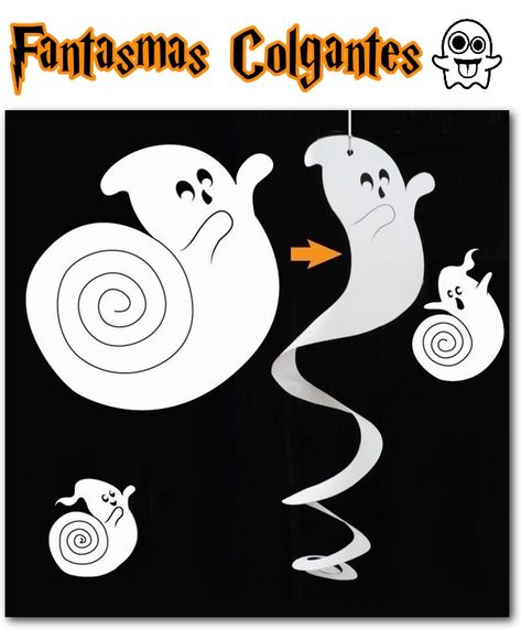 Manualidades de fantasmas en espiral. Decoraciones de Halloween para niños. Fantasmas caseros de papel para colgar. Recortes de fantasmas amigables para Halloween. Ideas de decoraciones fáciles de Halloween. Actividades infantiles para Halloween: fantasmas colgantes. Fantasmas de papel colgantes DIY. Manualidades de Halloween con fantasmas en espiral. Cómo hacer fantasmas colgantes para Halloween. Halloween Ideas, Baby Shower, Black And White, Halloween, White, Black, Santiago, Molde