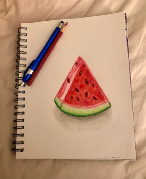 Small Color Pencil Drawing Easy, Small Colour Pencil Drawings, Object Drawing Colour Pencil Shading, Fruit Colour Pencil Drawing, Color Pencil Fruit, Drawing Fruits, Watermelon Drawing, Buddha Art Drawing, Realistic Drawing