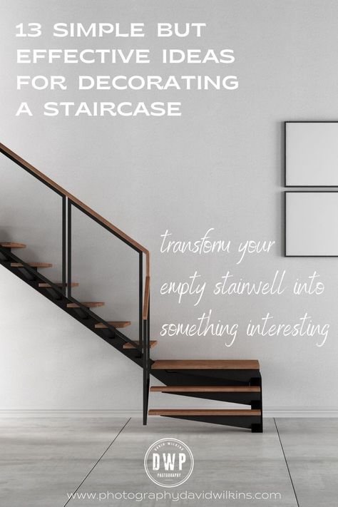 The stairwell can often be overlooked as a place to decorate, but these 13 simple décor ideas will lift your boring stairwell to a new level. How To Decorate Stairwell Walls, Decor Near Staircase, Tall Ceiling Stairway Decor, How To Decorate Tall Stairwell Walls, Staircase Wall Decor Minimalist, Decorate Stairwell, Boring Stairwell, Stairway Art Ideas Wall Decor, Stairwells Ideas