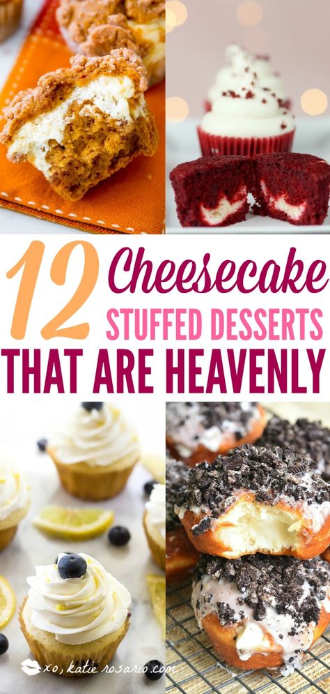 12 Cheesecake Stuffed Desserts That are Heavenly | Have you ever tried a cheesecake stuffed dessert before? Making cheesecake stuffed desserts is a heavenly surprise that everyone will totally love. It turns out it's easy to stuff your favorite desserts with cheesecake! Cheesecake filling for the ultimate dessert! #cheesecakedesserts #stuffeddesserts #easydessertrecipes #xokatierosario Desserts With Cheesecake, Stuffed Desserts, Making Cheesecake, Pumpkin Cheesecake Muffins, Key Lime Cheesecake, Velvet Cheesecake, Lime Cheesecake, Chocolate Bundt Cake, Cheesecake Filling