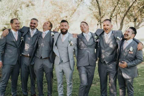 Grooms In Grey Suits, Groom Different Tie Than Groomsmen, Grey Groom Blue Groomsmen, Bridal Party Grey Suits, Groomsmen Tuxedos Grey, Groomsmen In Different Shades Of Grey, Groom Different Suit Than Groomsmen, Grey Best Man Suit, Heather Grey Wedding Suit