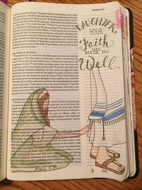 Mark 5:34 Woman with a hemmorage bible journaling God Related Drawings, Bible With Notes, Bible Drawings Doodles, Cute Bible Drawings, Bible Journaling Art Ideas, Bible Study Drawings Art Journaling, Bible Illustrations Drawings, Bible Verse Journaling Scripture Art, Mark 11 Bible Journaling