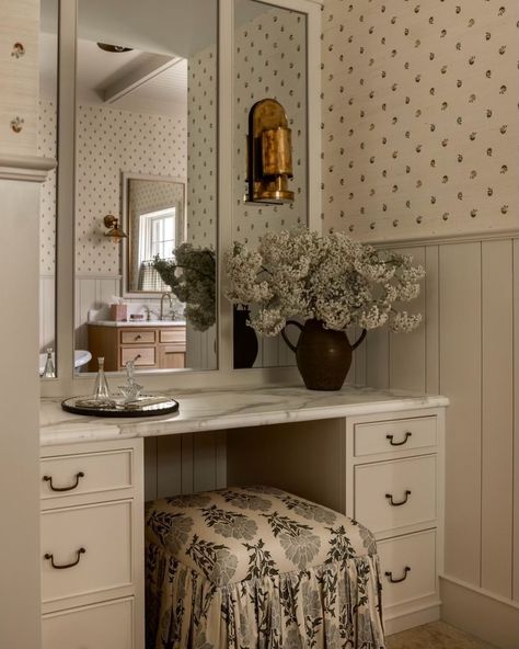 All Posts • Instagram Garrison House, Base Moulding, Amber Lewis, Transitional Bathroom, Cafe Curtains, Vanity Stool, Grasscloth Wallpaper, About Time, White Bathroom