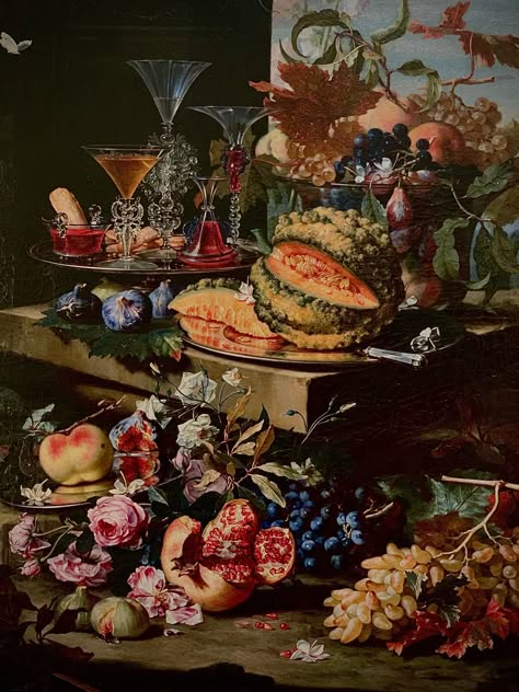 #renaissance #painting #aesthetic #fruit #art #arte #italy #museum #canvas #realism #italyaesthetic #flowers Baroque Fruit Painting, Italian Baroque Painting, Fruit And Flower Painting, Moody Fruit Painting, Italian Art Painting, Food Painting Aesthetic, Renessanse Aesthetic, Baroque Painting Aesthetic, Renisance Aesthetic