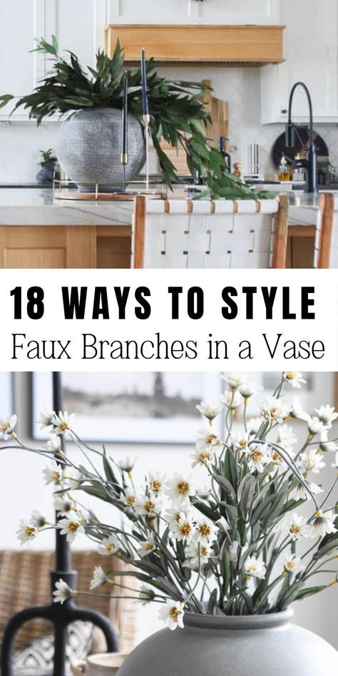 faux stems Styling Branches In Vase, How To Style Branches In Vase, Faux Branches In Vase, Branch In Vase Home Decor, Faux Stems In Clear Vase, Minimalist Flower Arrangement, Vase With Branches, Faux Branches, Modern Floral Design