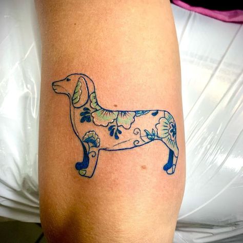 Dog Floral Tattoo, Doodle Dog Tattoo, Floral Dog Tattoo, Dachshund Tattoo, Doodle Dog, Dog Tattoo, Dachshund, Tatting, Boston