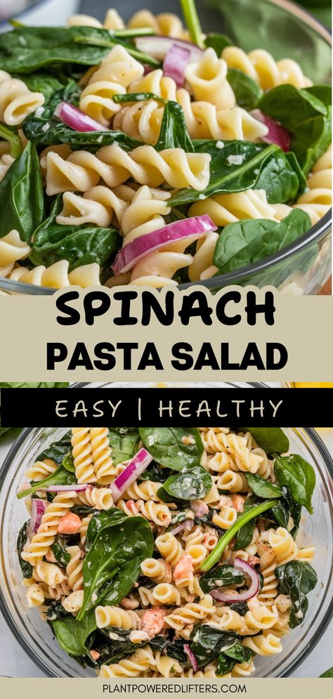 This spinach pasta salad is the dish you're looking for! This easy and healthy pasta salad recipe won't take long to make, is delicious, and can be stored easily for later. If you want a vegan pasta salad recipe for lunch, as a side dish, or dinner, try this one out! Pasta Salad With Spinach And Feta, Pasta Salad With Broccoli Cold, Pasta Salad Salad, Healthy Pasta Salad Recipes Meal Prep, Protein Pasta Salad Meal Prep, Pasta Salad No Tomatoes, Salad With Pasta And Lettuce, Easy Spinach Pasta, Cold Pasta Salad Recipes Healthy