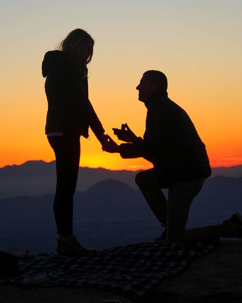 This was such a dreamy, romantic mountain engagement. Right at sunset, he popped the question, creating a proposal that would always be remembered. Mountain Top Proposal, Proposal Manifestation, Proposal Silhouette, Sunrise Proposal, Mountain Proposal, Outdoor Proposal, Sunset Proposal, He Popped The Question, Mountain Photoshoot