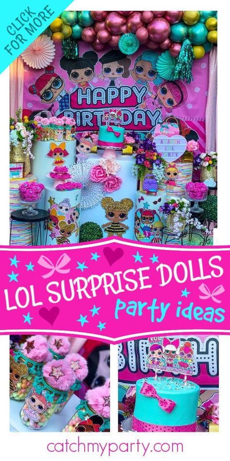 Take a look at this cute Lol Surprise Dolls birthday party! The dessert table is adorable! See more party ideas and share yours at CatchMyparty.com #catchmyparty #partyideas #lolsurprisedolls #lolsurprisedollsparty #girlbirthdayparty Lol Surprise Party Games, Lol Surprise Dolls Party Games, Lol Doll Birthday Party Ideas, Lol Birthday Party Ideas, Lol Surprise Dolls Party Ideas, Birthday Lol Surprise, Lol Birthday, Birthday Lol, Girls Birthday Party Themes