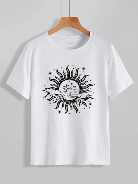 Latest T Shirt, Moon Print, Women T Shirts, Print Tee, Fashion Sale, Shein Style, Flowy Dress, Crop Sweatshirt, Korean Outfits