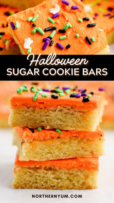 Halloween Sugar Cookie Bars Halloween Party Dessert Table, Sugar Cookie Bars Recipe, Sugar Cookie Bar Recipe, Halloween Themed Desserts, Halloween Party Desserts, Fun Halloween Desserts, Cookie Bars Easy, Halloween Cookie Recipes, Halloween Sugar Cookies