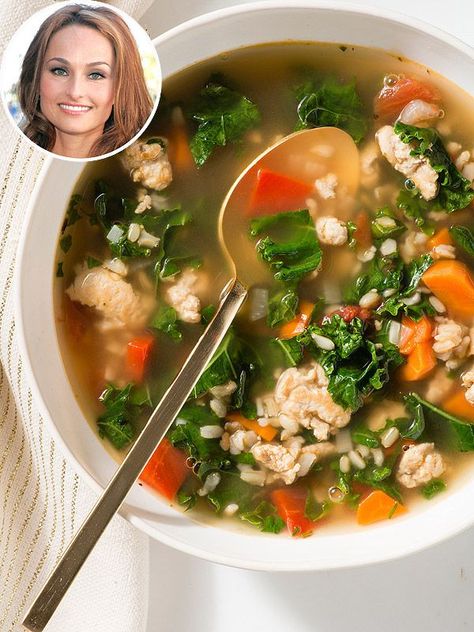 Giada De Laurentiis Reveals Her Secret to Staying Slim Brown Rice Soup, Kale Rice, Ground Turkey Soup, Turkey Stew, Giada De Laurentiis Recipes, Giada Recipes, Chicken Kale, Turkey Soup Recipe, Thanksgiving Leftover Recipes