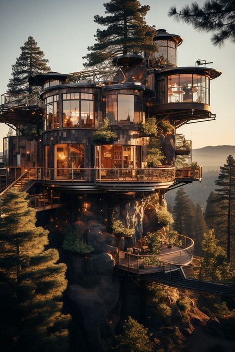 Luxury Tree House Mansions, Futuristic Tree House, Tree House Mansion, Tree House Designs Simple, Large Tree House, Treehouse Mansion, Treehouse Homes, Glass Treehouse, Cliff Palace