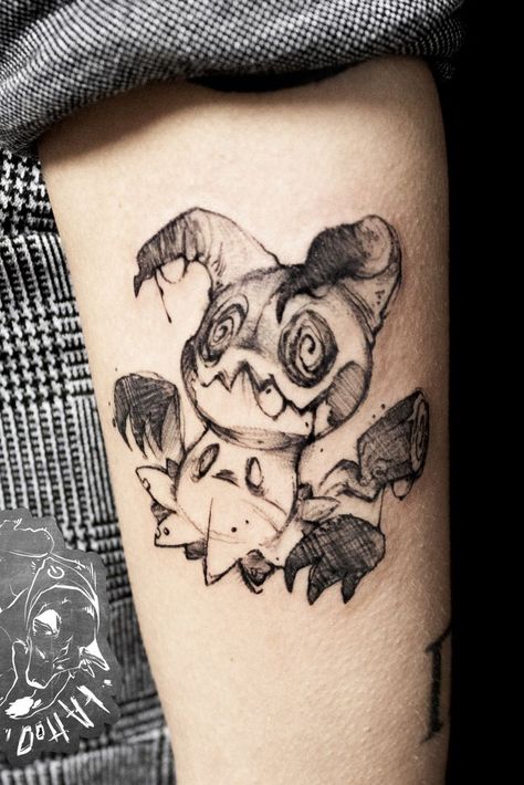 Fuecoco Tattoo, Mismagius Tattoo, Duskull Tattoo, Phantump Tattoo, Mimikyu Tattoo Ideas, Mudkip Tattoo, Scratchy Tattoo, Mimikyu Tattoo, Fnaf Tattoo Ideas