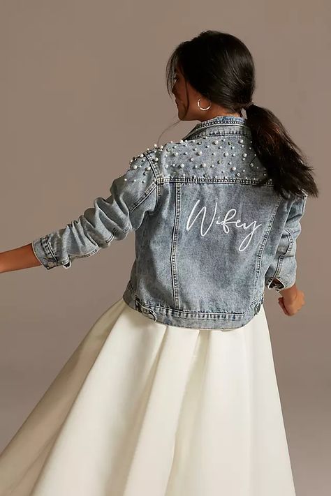 Wifey Pearl and Crystal Studded Denim Jacket | David's Bridal Denim Jacket Style, Bride Jacket, Studded Denim Jacket, Reception Look, Low Back Dresses, Denim Jacket Fashion, Rehearsal Dinner Dresses, Bridal Jacket, Wedding Jacket