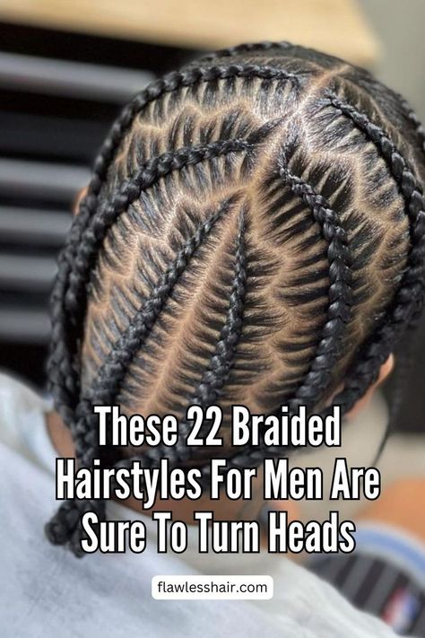 Fishtail Braids With A Zig-Zag Parting Men Braids Hairstyles Man Bun, Black Men Braids Hairstyles Full Head, Braids Zig Zag Part, Braid Designs For Men, Iverson Braids, Zig Zag Part, Braids Length, Mohawk For Men, Different Braid Styles