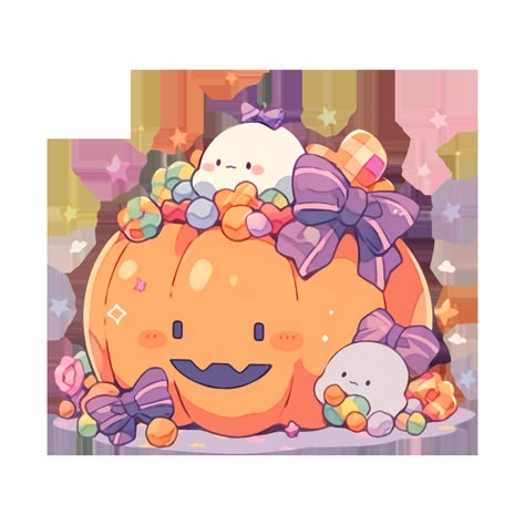 Cute Kawaii Halloween Pumpkin with Ghosts and Candy Pastel Sticker Halloween Illustrations Cute, Spooky Pumpkin Decorating Ideas, Halloween Kawaii Art, Halloween Anime Drawing, Kawaii Halloween Drawings, Kawaii Halloween Pfp, Kawaii Halloween Decor, Halloween Candy Aesthetic, Halloween Candy Drawing