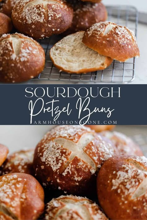 The most delicious homemade sourdough pretzel buns have a soft and fluffy interior with a deep brown exterior that tastes just like the soft pretzels you love. Perfect to serve as a side with soup or to use for sandwiches. Sourdough Discard Pretzel Buns, Sourdough Brioche Hamburger Buns, Sourdough Bread Additions, Sourdough Sausage Rolls, Sourdough Pretzel Buns, Sourdough Additions, Pretzel Buns Recipe, Pretzel Bun Recipe, Sourdough Pretzel