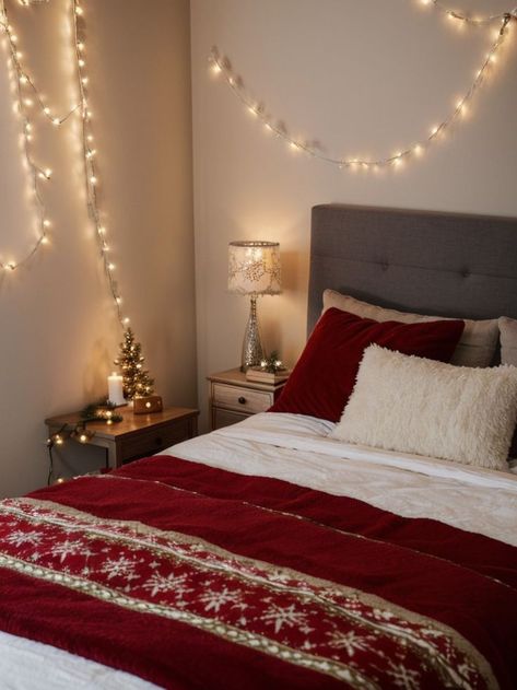 Christmas Bedroom Ideas, Hanging String Lights, Bedroom Christmas, Faux Fur Rug, Fur Rug, Christmas Atmosphere, Bedroom Bedside Table, Christmas Bedroom, Christmas Room