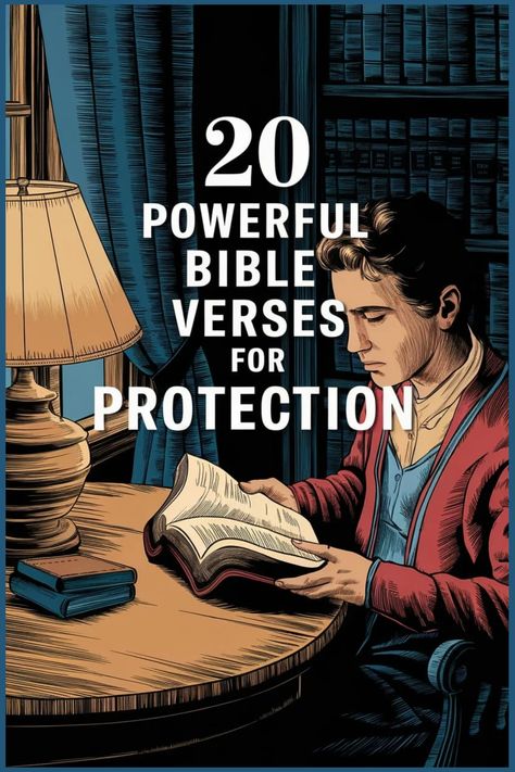 Man reading a Bible next to a lamp, with text "20 Powerful Bible Verses for Protection". Verses About Kindness, Proverbs 30, Short Verses, Isaiah 54, Shadow Of The Almighty, Psalm 121, Bible Study Group, Under The Shadow, Powerful Bible Verses