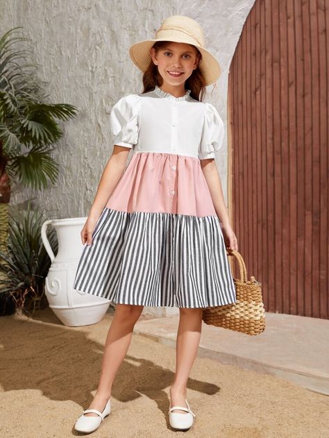 Multicolor Cute Collar Short Sleeve Woven Fabric Striped Smock Embellished Non-Stretch Girls Clothing Modest Kids Clothes, Kids Dress Clothes, Girls Smocked Dresses, Shein Kids, Girls Dress Outfits, Kids Fashion Dress, Kids Designer Dresses