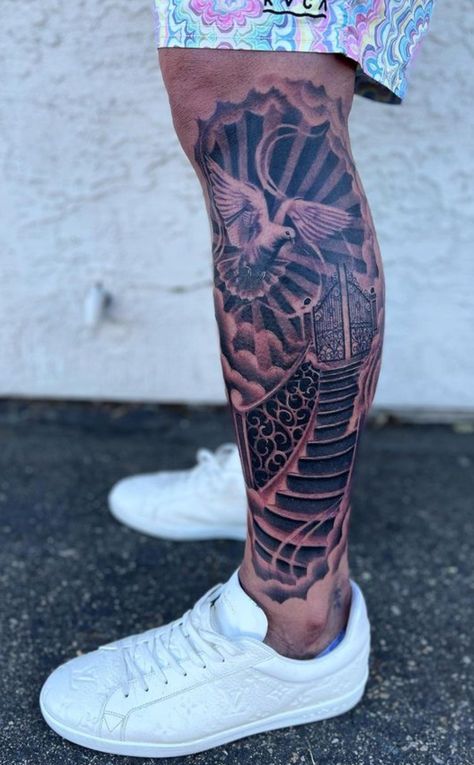 Men Leg Tattoo Ideas Sleeve, Cross Calf Tattoo Men, Calf Tattoo Men Ideas Design, Christian Leg Tattoo Men, Men’s Tattoo Ideas Leg, Calf Sleeve Tattoo Men, Leg Sleeve Tattoo Male, Calf Sleeve Tattoo, Prayer Tattoo