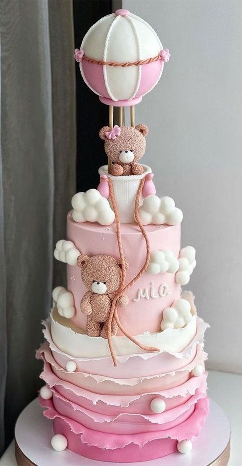 Pink Hot Air Balloon Cake, Baby Shower Cakes Girl Pink, Baby Girl First Birthday Cake, Girl First Birthday Cake, First Birthday Cake Ideas, Torturi Baby Shower, Baby Cake Design, One Year Birthday Cake, Baby 1st Birthday Cake